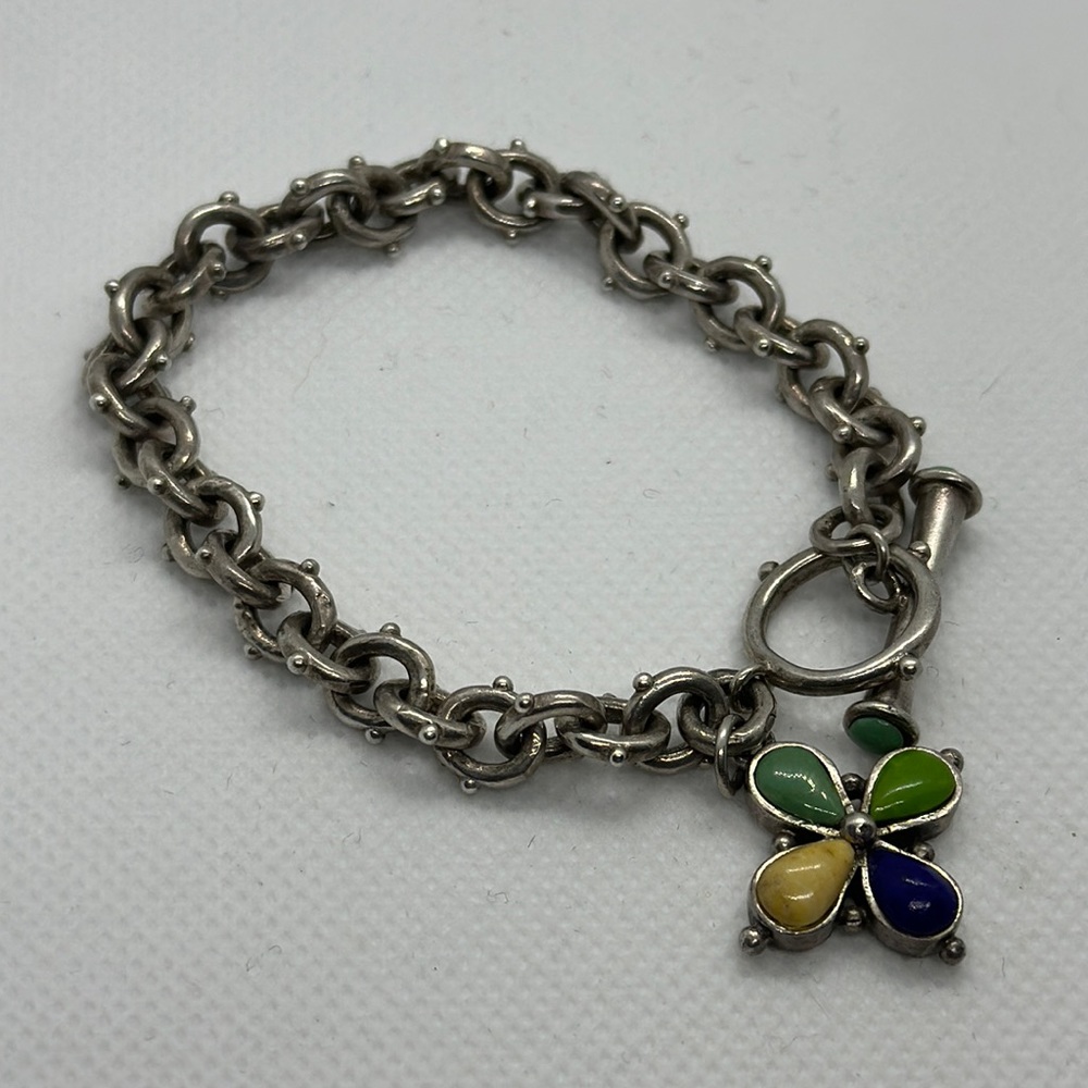 Barse Sterling Silver Charm Bracelet with Blue, Green and Yellow Stones